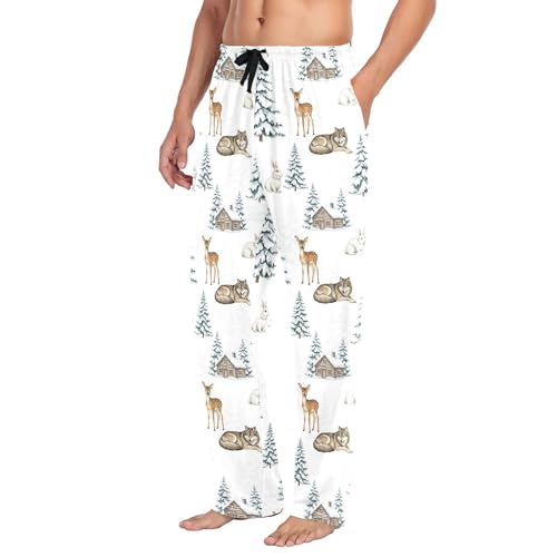 Men's Pajama Bottom Winter Forest Animals Pattern Cotton Pajama Pants Drawstring Sleepwear Long Pants Pockets4
