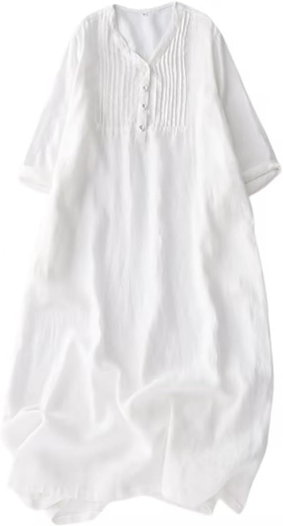 Womens Casual 3/4 Sleeve T Shirt Dress Cotton Linen Pleated Button V Neck Vacation Beach Sundress Loose Fit Clothes