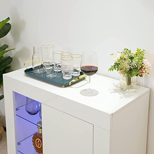 CLIPOP Modern LED Sideboard High Gloss Fronts and Matt Body Storage Cupboard Cabinet with 2 Glass Shelves Display Unit Cabinet for Living Room Dining Room Furniture
