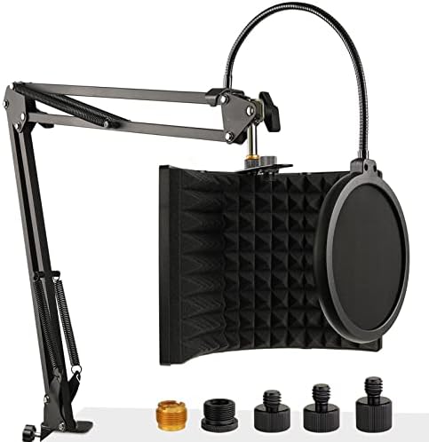 Microphone Isolation Shield with Mic Stand and Pop Filter, Foldable Sound Shield for Most Condenser Microphone, High Density Absorbent Foam to Filter Vocal by Frgyee