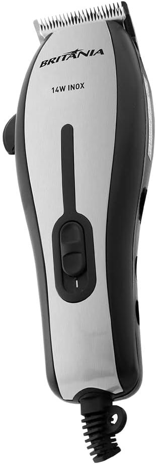 Side view of the Britânia 14W Inox Hair Clipper, highlighting its ergonomic design and cord connection.