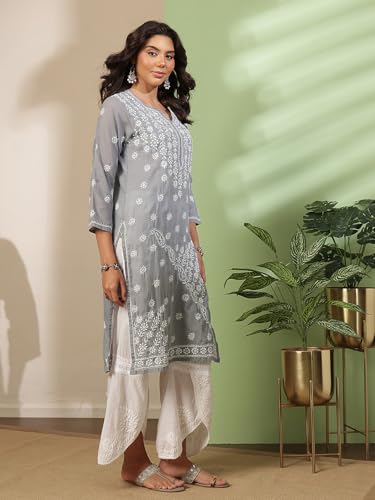 Image of Ada Women's Cotton Regular Fit Tunic Hand Embroidered Lucknowi Chikankari Ethnic Wear Kurta Kurti A130717