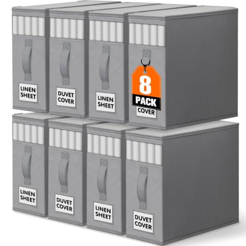 WOWBOX Sheet Organizers and Storage,Closet Bed Sheet Organizer Under Bed Storage and Organization with Label Cards & Clear Window for Bedding Sheets,Duvet Covers,Blankets (8 Pack，Gray)