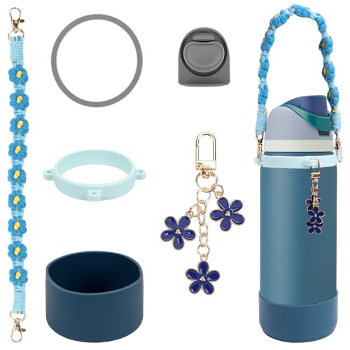 Comprehensive Compatible Owala Accessories Set: Silicone Boot for 24oz & 32oz Bottles, Water Bottle Handle Strap, Bottle Seal Ring, Replacement Stopper, Charms, Compatible Owala FreeSip (Blue, 32 oz)