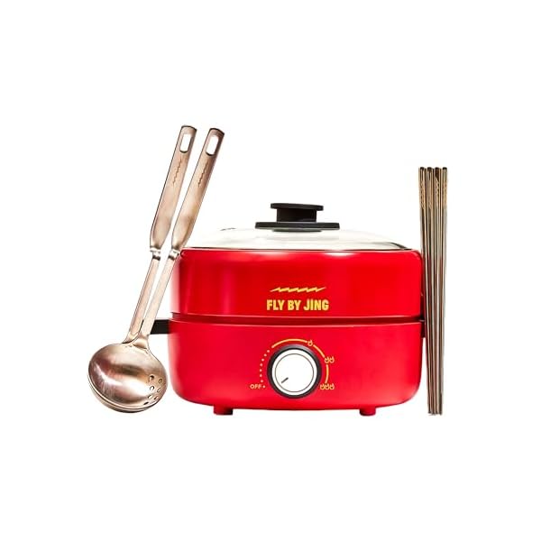 FLYBYJING Hot Pot Set | Electic Cooking Pot Complete with Temperature Control, 4 Silver Chopsticks & 2 Slotted Spoons | Make Delicious Sichuan Hot Pot at Home | Perfect for Dinner Parties