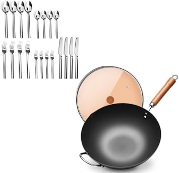 WANGYUANJI 20-Piece Stainless Steel Flatware Set, Service for 4 4 5-Piece Place Settings ,12.59 inch Woks for Stir-fry, Chinese Stir Fry Pan Uncoated