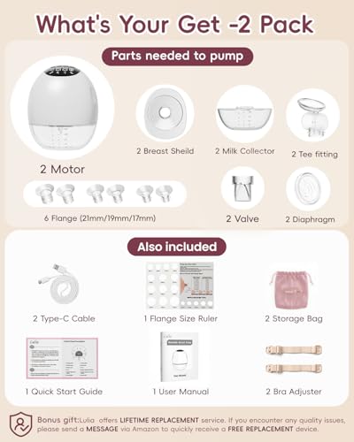 Lulia Breast Pump Hands Free, Upgraded Wearable Breast Pump, 380mmHg Strong Suction, 4 Modes & 9 Levels, Quickly Store Milk, 17/19/21/24MM Flanges, 2 Pack - Thumbnail 6