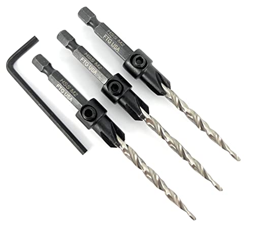 Image of FTG USA #10 (3 /16 inch) Wood Countersink Drill Bit 3-Pc Set with Hex Key | Convenient 3-pack of identical tapered bits for woodworking. Includes 1 Allen wrench hex key for easy adjustments