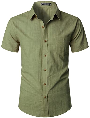 PARKLEES Chemise pour homme ajustée en lin et coton Manches courtes décontractées avec boutons...
