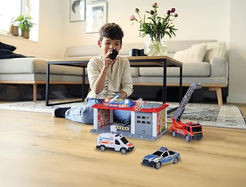 SOS-Rettungsstation mit 3 Fahrzeugen, Polizei, Feuerwehr und Krankenwagen, Station mit Licht & Sound, Mikrofon mit Lautsprecherfunktion, Try me Funktion, Tor zum Öffnen, inkl. Batterien, 33x21x18 cm