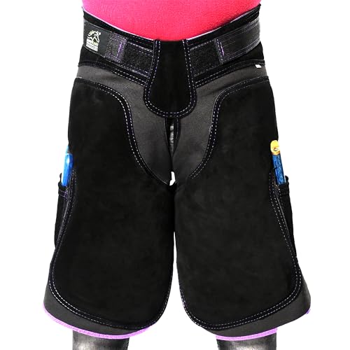 Image of Equine Care Women's Farrier Apron Chaps 23″ - Leather & Canvas, Adjustable 28-52″ Waist, EVA Padded Knees, Lumbar Support, 4 Knife Pockets & Nail Magnets for Hoof Trimming (Black with Purple Piping)