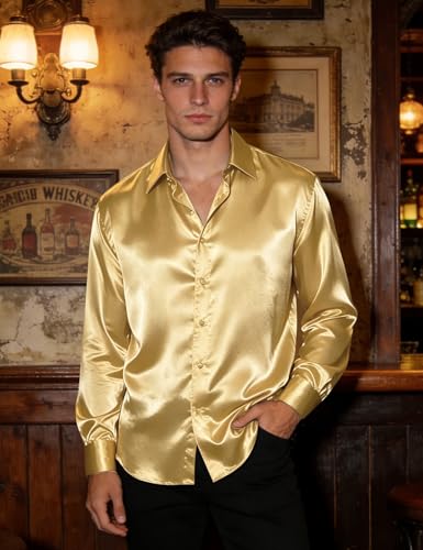 Image of Hi-Tie Men's Silk Satin Dress Shirts Long Sleeve Shiny Casual Button Up Shirts Luxury Party Disco Prom Wedding Shirt