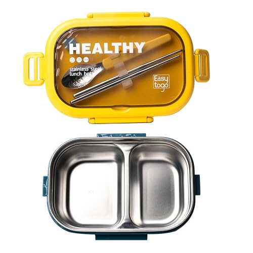 Easy Togo 28oz Stainless Steel Bento Lunch Box – Small Leakproof 2-Compartment Food Container with Cutlery Set – Reusable Snack Box for Meals, Salad, Fruit – Blue
