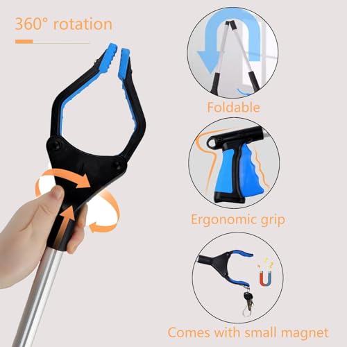 Grabber Reacher Tool,2Pcs 32\" Long Foldable Reacher Grabbers Tool for Elderly Grab Aid Reaching Assist Tool with Rotating Jaw & Magnets, 4\" Wide Claw Reacher Grabber Pickup Tool(Blue+Orange) - Thumbnail 4