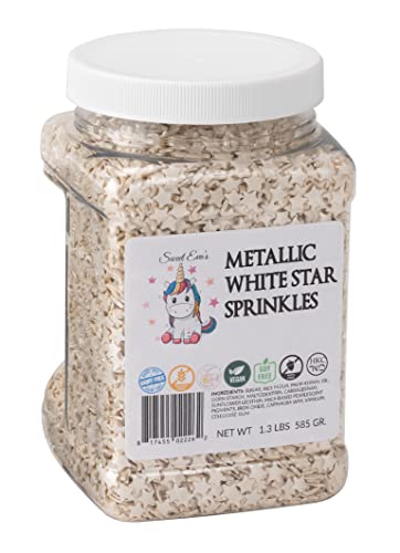 Sweet Eva’s METALLIC WHITE STAR SPRINKLES-Dairy Free,Gluten-free,Egg Free,Vegan,Soy Free,Nuts Free,Kosher,Sugar Shapes,Jimmies,Cupcakes,Cookies,Topper,Bulk Candy, Large,1.3 Pound
