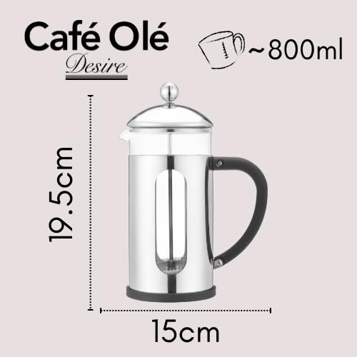 Café Olé Desire Cafetière, 800ml 2 Cup Stainless Steel French Press Coffee Maker,Silver,BVM-08S