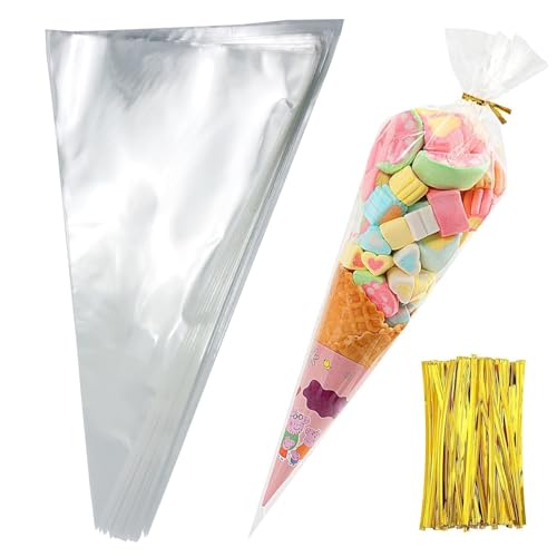 BIDEX 100 Cone Treat Bags 7x15" with Twist Ties, Clear