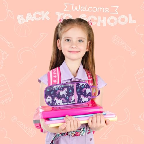 Image of Cute Kids Pencil Case - Girls Pen Pouch Large School Organizer | Pen Bag & Smooth Zipper, Multi-Slot Storage, Mesh Pocket, 900D Water Resistent, Giftable School Supplies, Deep Purple Unicorn