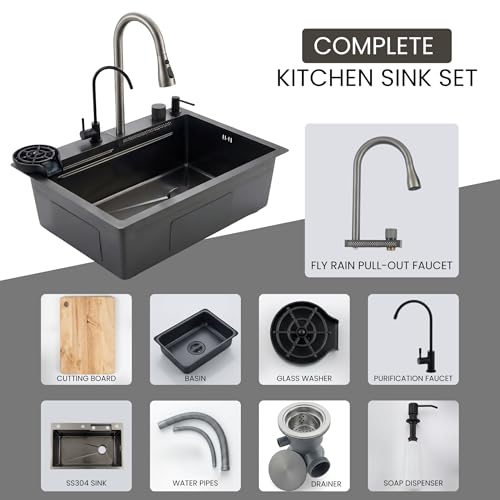 Image of Gloxy Premium Stainless Steel 304 Kitchen Sink With Pull Down Faucet 24x18X9 Inches- Smart Waterfall Sink with Anti-Scratch Honeycomb Design - Black Matte Finish Multifunctional Sink With Cup Washer