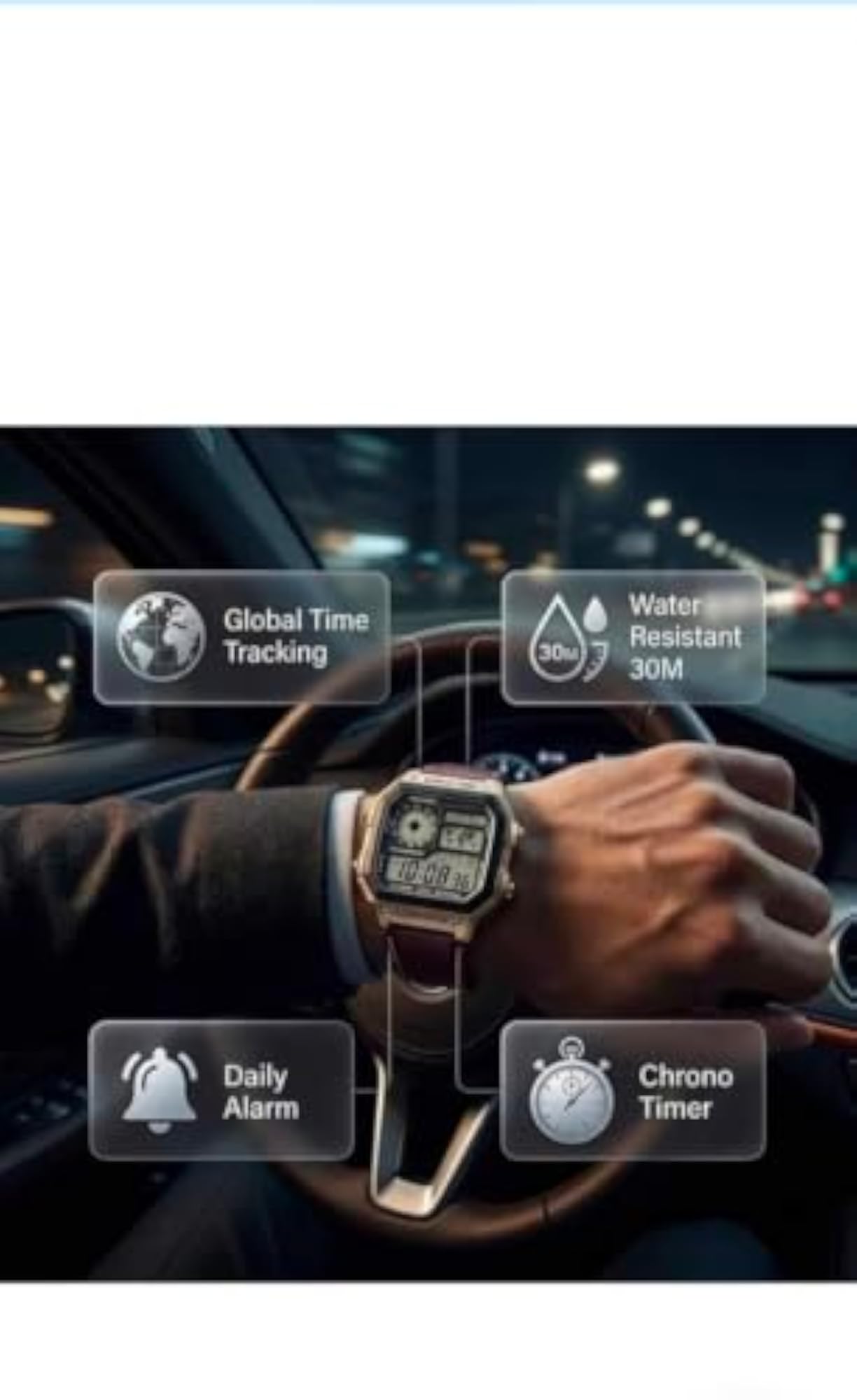 Digital Watch with World Time and Leather Strap