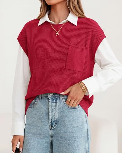 KIRUNDO Summer Fall Short Sleeve Sweater for Women 2026 Casual Sweater Vest Cotton Knit Pullover Tank Tops Fashion Clothing(Red, Medium) — view 6