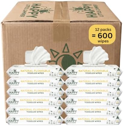Happy Little Camper Natural Flushable Wipes - Hypoallergenic Wet Wipes with Aloe Vera, Chamomile and Pomegranate Extract - Unscented Baby Wipes Safe for Sensitive Skin - 600 Count