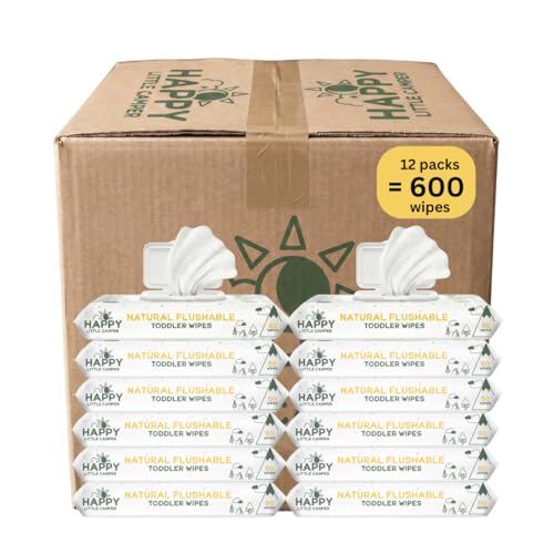 Happy Little Camper Natural Flushable Wipes - Hypoallergenic Wet Wipes with Aloe Vera, Chamomile and Pomegranate Extract - Unscented Baby Wipes Safe for Sensitive Skin - 600 Count