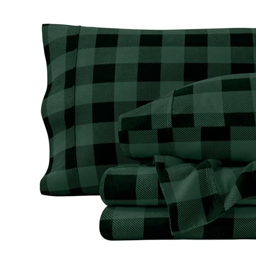 Bare Home Flannel Sheet Set Prints, 100% Cotton, Velvety Soft Heavyweight - Double Brushed Flannel - Deep Pocket (Queen, Buffalo Plaid - Forest Green/Black)