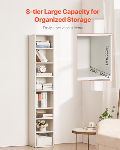 Image of VEVOR 8 Tiers Narrow Bookshelf, 71 in Wooden Tall Open Bookcase with Height-Adjustable Shelf, Freestanding Display Storage Floor Bookcase Bookshelf for Library, Bedroom, Living Room, Office, White