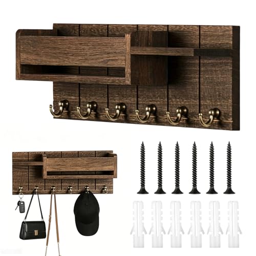 Image of ZYETGH Key Holder for Wall, Wooden Key Hook Wall Mounted with 6 Hooks Home Decor Keys Rack Organizer Keys Hangers and Letter Holder with Shelf
