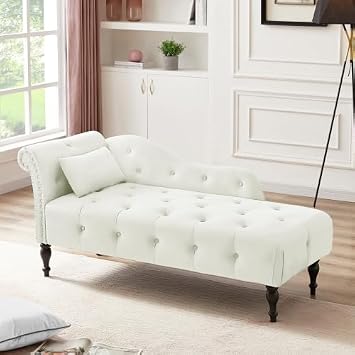 60.6" Velvet Chaise Lounge, Buttons Tufted Nailhead Trimmed, Upholstered Chaise Lounge with Left Armrest & Lumbar Pillow, Modern Velvet Lounge Chair for Bedroom, Living Room and Office White