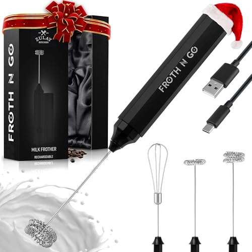 Zulay Froth N Go Milk Frother – Rechargeable 3-in-1 Handheld Frother Wand with Travel Case & USB-C Charger – Single, Double & Egg Whisk for Latte, Cappuccino, Matcha, Protein Shakes – Black