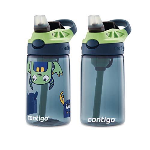 Image of Contigo Aubrey Kids Cleanable Water Bottle with Silicone Straw and Spill-Proof Lid Blueberry & Monsters 14 Ounce 2-Pack