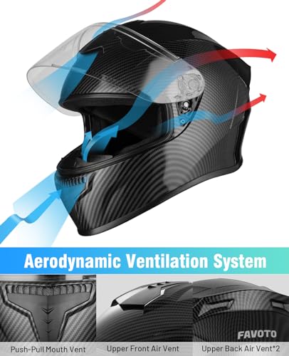 Favoto Full Face Motorcycle Helmet DOT Approved, Cascos para Motos Snowmobile Dirt Bike Helmet for Adults Men Women, Anti-Fog Film Included, Carbon Fiber, XL