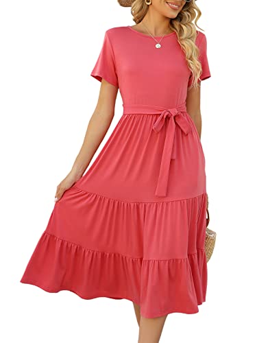 Lyrur Women's Casual Summer Tiered Midi Dress Short Sleeve Belted Ruffle Babydoll Boho Sun Dresses with Pockets(M,9191-Coral)
