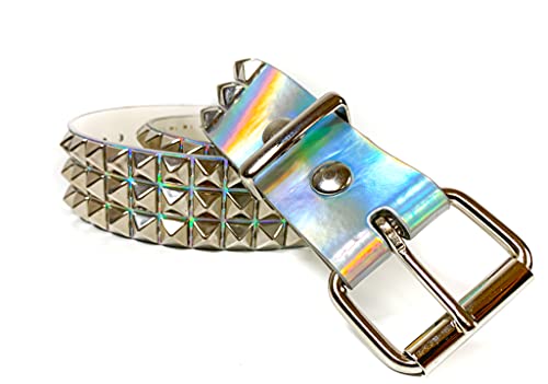 Silver Rainbow Holographic Three Row Black Pyramid Stud Rave Studded Belt Vegan Punk Goth