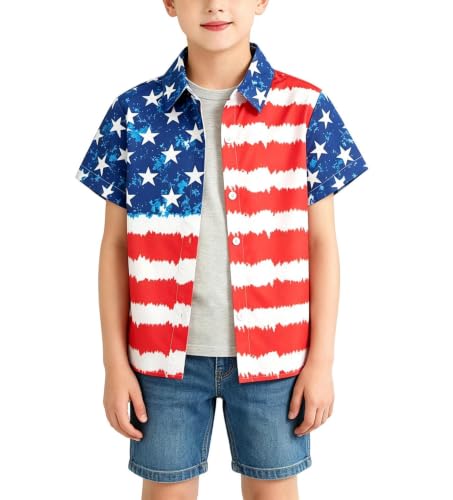 PNORATM Boys Girls 4th of July Shirt Hawaiian Button Down Shirts Kids Summer Short Sleeve Tops Toddler 4th of July Outfit American Flag Patriotic Shirt Graphic Tees