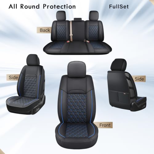 Image of Coverado Car Seat Covers Full Set, Leather RAM 1500 Seat Covers Protectors Compatible with 2002-2026 Dodge RAM 1500 2500 3500 Crew Double Mega Quad Cab with Flat Bench, Black&Blue line