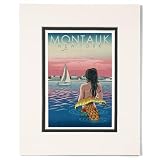 Lantern Press 8x10 Inch Matted Art Print Wall Decor, Montauk, New York, Mermaid and Beach, Woodblock Print