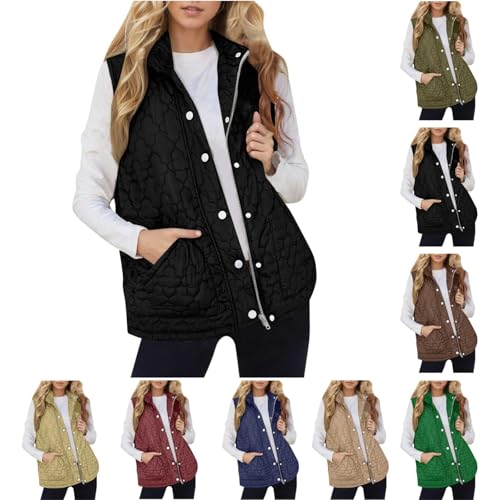 Puffer Vest for Women Quilted Stand Collar Zip Up Snap Button Coat Winter Trendy Puffy Sleeveless Jacket with Pockets puffer coats for women Black S
