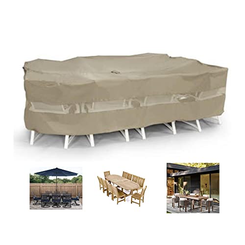 Formosa Covers | Extra Large Outdoor Patio Dining Set Cover 120" L X 86" W Fits Oval And Rectangular Dining Furniture Set With 6-10 Chairs And Swivel Rockers, Center Hole For Umbrella - Taupe #TOP26