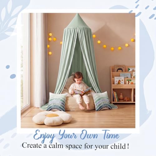 Image of 5 Pcs Kids Reading Corner Set Reading Nook Bean Bag Chair Cover with Canopy Tent, Throw Pillow Cover (No Filler) and Flower Pillow for Bedroom Playroom Nursery Corner Decoration(Green)