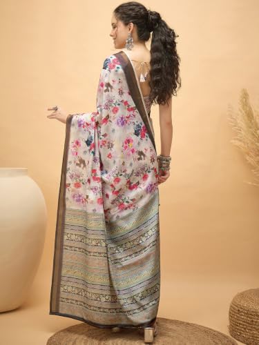 Image of Satrani Women's Floral Printed Silk Saree with Unstitched Blouse