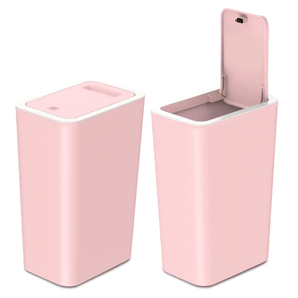 2 Pack Pink Slim Space-Saving Trash Can with Press Top Lid, 15L 4 Gallon Cute Durable Plastic Garbage Bin for Kitchen, Bathroom, RV, Office, Small Container Wastebasket for Narrow Spaces (Pink)