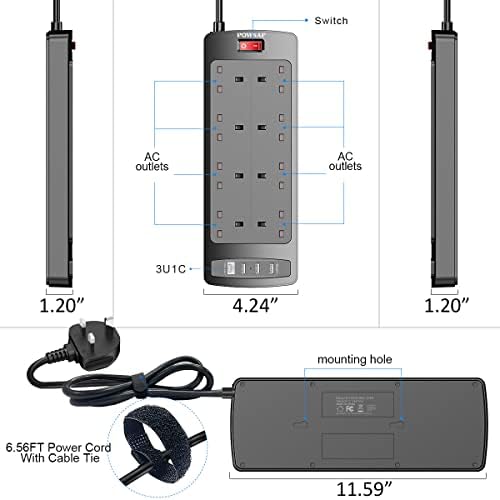 Extension Lead with 4 USB Slots (3.4A, 1 Type C and 3 USB-A Ports) ,POWSAF Power Strip Surge Protector with 8 way plug extension Socket and 2M Extension cord for Home Office Travel,Black