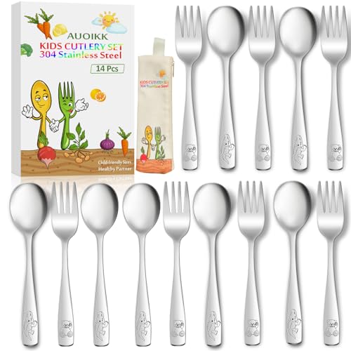 AUOIKK 14-Piece Toddler Flatware, Kids Utensils Stainless Steel Cutlery Set, Children Safe Spoons and Forks with Ergonomic Handle, Easy to use and Dishwasher Safe (Crocodile and Bear)