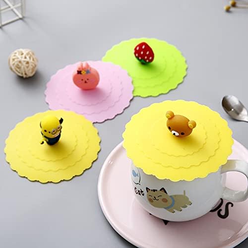 Cdemiy Silicone Cup Cover, 6 PCS Cup Covers for Drinks, Reusable Anti-Dust Drink Covers, Creative Round Cartoon Glass Cup Covers for Tea Beer Wine Water Coffee