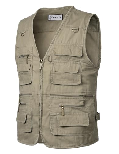 Foto von KTWOLEN Herren Outdoor Weste mit Multi-Taschened Anglerweste Jagd- und Angler Camping Wandern Weste Freizeit Ärmellos Jacke, Khaki, XL