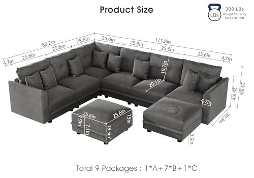Image of LLappuil Modular Storage Sectional Sofa with Ottoman, U Shaped 8-Seat Corduroy Couch with 7 Throw Pillows, Convertible Sofa Set for Living Room, Skin-Friendly & Soft, Scratch Resistant, Grey