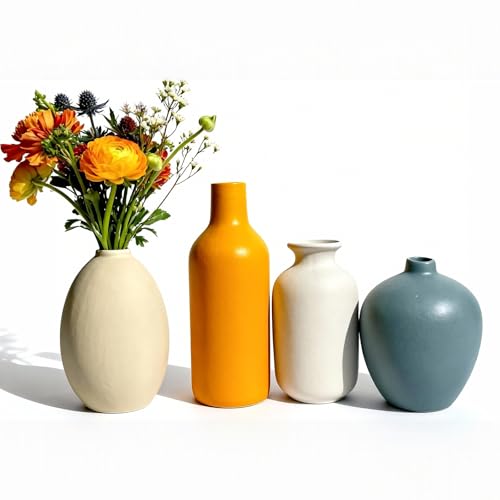 Ceramic Vase Set of 4 – Multicolor Rustic Farmhouse Vase for Home Decor, Handmade Look Farmhouse Boho Vase for Table Centerpiece, Kitchen, Living Room, Office Decor